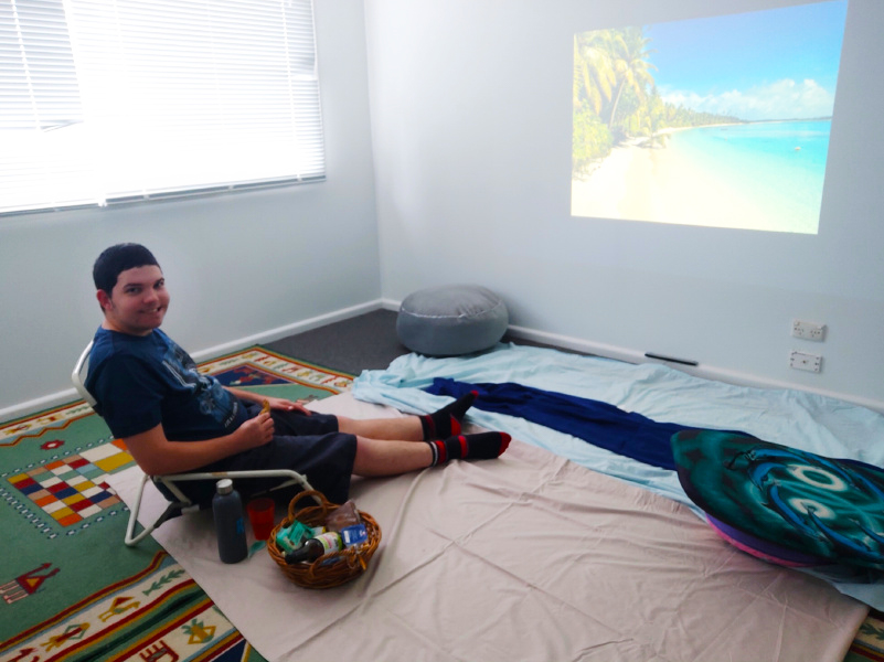 Rhys enjoying his inventive 'home' beach.