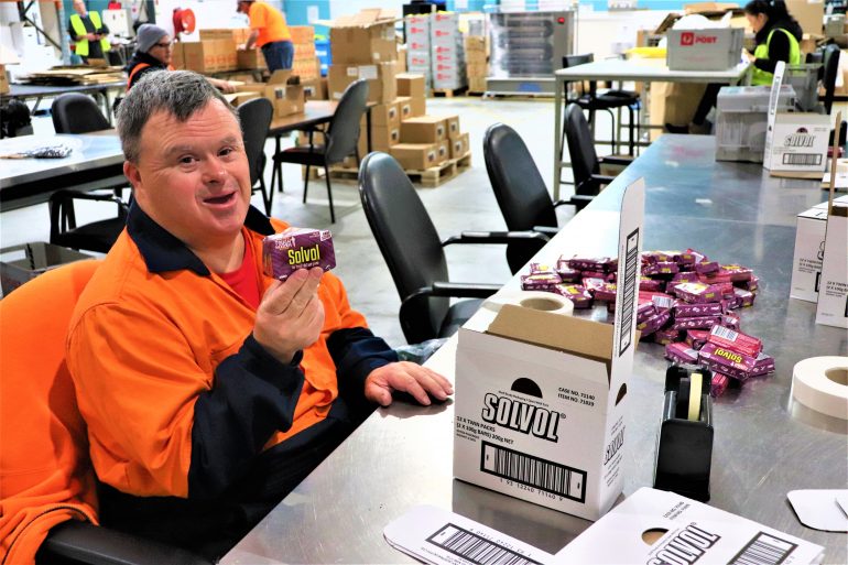 Civic crew member packing Solvol soap