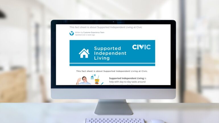 Image shows computer screen with Easy English Guide to Supported Independent Living